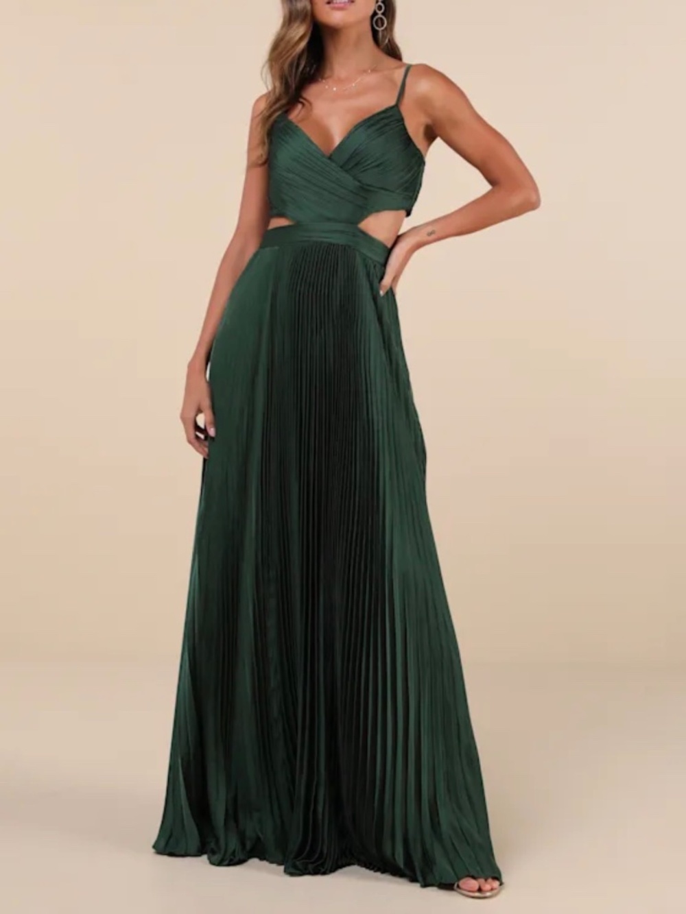 Spaghetti Strap Forest Green Pleated Maxi Dress